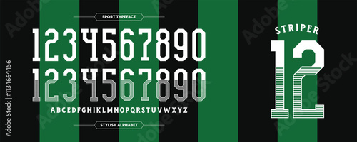 Striper 12: A green-black jersey design concept with ultra high number. Custom sport uniform vector illustration.