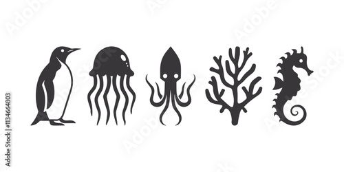 Vector Silhouette Icons of Penguin, Jellyfish, Squid, Coral, and Seahorse