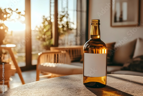 Amber glass bottle with blank label on table, sunlit room.