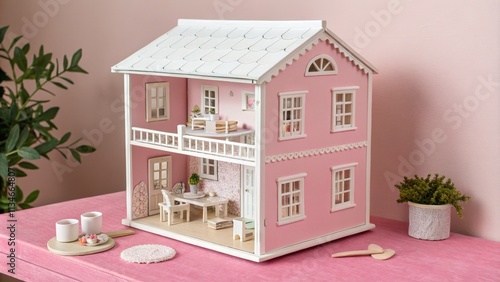 Pink Two-Story Dollhouse Miniature Home Interior Design, Dollhouse, Roombox, Miniature Dollhouse, Miniature photo