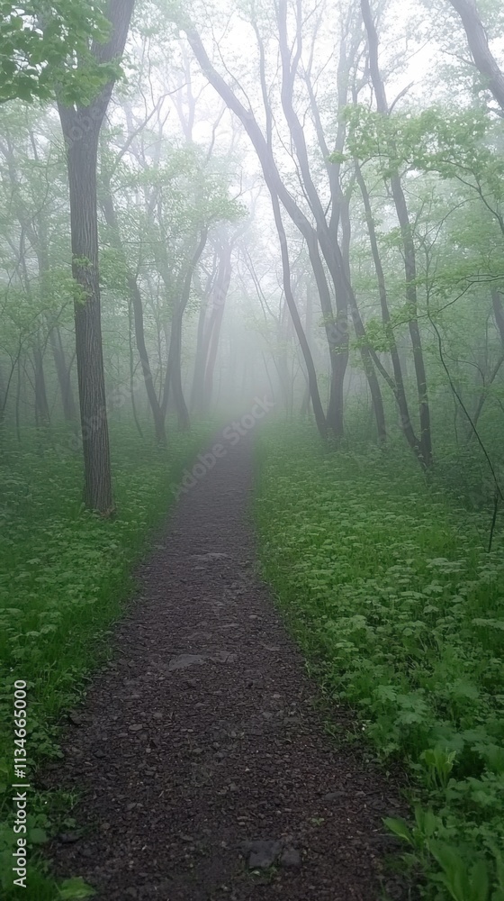Fototapeta premium Misty spring forest, soft green foliage, light morning fog, calm natural stillness, peaceful woodland path, cinematic minimalism, fresh seasonal air, subtle tonal balance, scenic depth