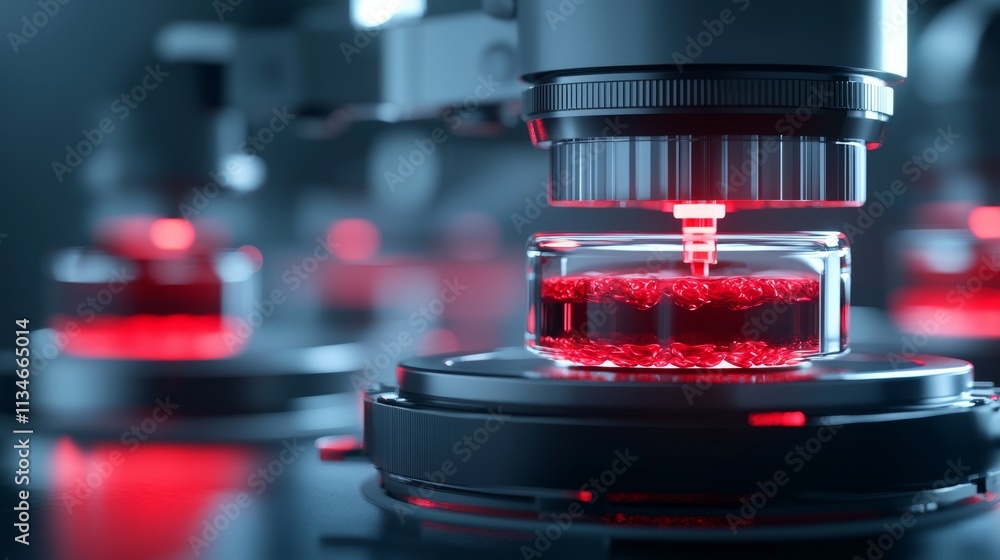 A high-tech microscope captures a close-up view of a sample, illuminated by red light, showcasing intricate details and scientific precision. A high-tech microscope captures a close-up view of a sample, illuminated by red light, showcasing intricate details and scientific precision.