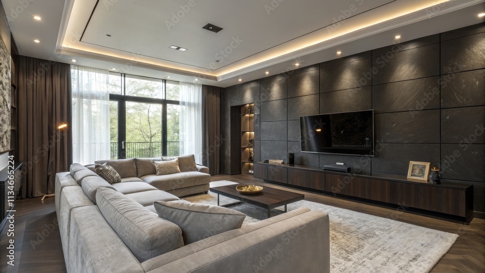 Modern Luxury Living Room Grey Sectional Sofa, Dark Stone Wall, Recessed Lighting, Large Window View Luxury Interior Design, Home Theater