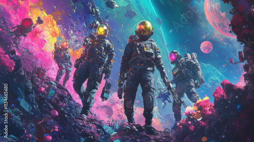 Cosmic Explorers: Astronauts and Robots in Vibrant Nebula