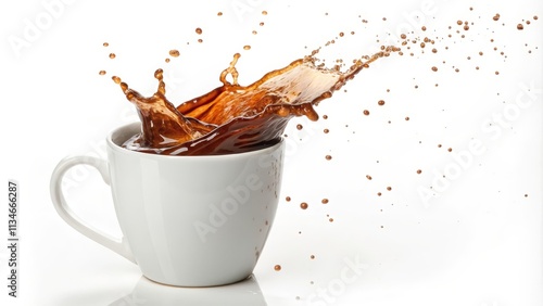 Coffee Splash High-Resolution Image of Coffee Pouring into White Mug, Dynamic Composition, Splashing Concept, Photography Coffee, Beverages