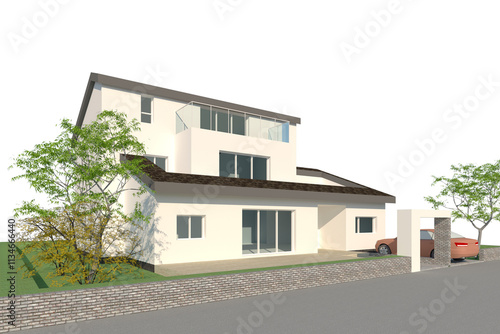 3D Perspective Architectural Rendering of a Two-Story Modern House Design photo