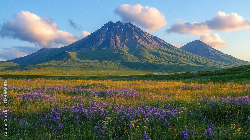 Fototapeta premium A serene landscape featuring a majestic volcano surrounded by vibrant wildflowers.