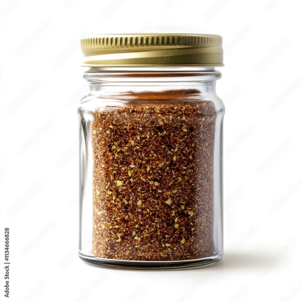 Glass jar filled with brown spice blend, isolated on white. Glass jar filled with brown spice blend, isolated on white.