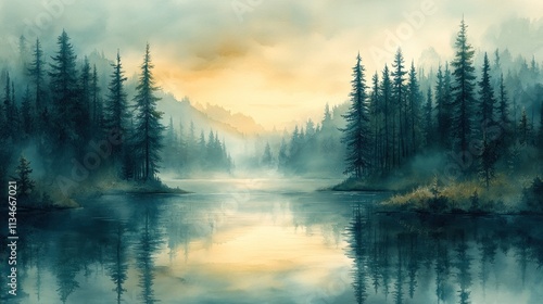 A serene landscape featuring a misty lake surrounded by tall trees and soft, atmospheric lighting.