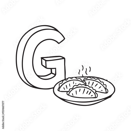 An illustration of letter G beside a gyoza