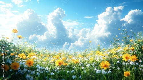 Vibrant wildflowers bloom in a sun-drenched meadow under a bright blue sky filled with fluffy white clouds.