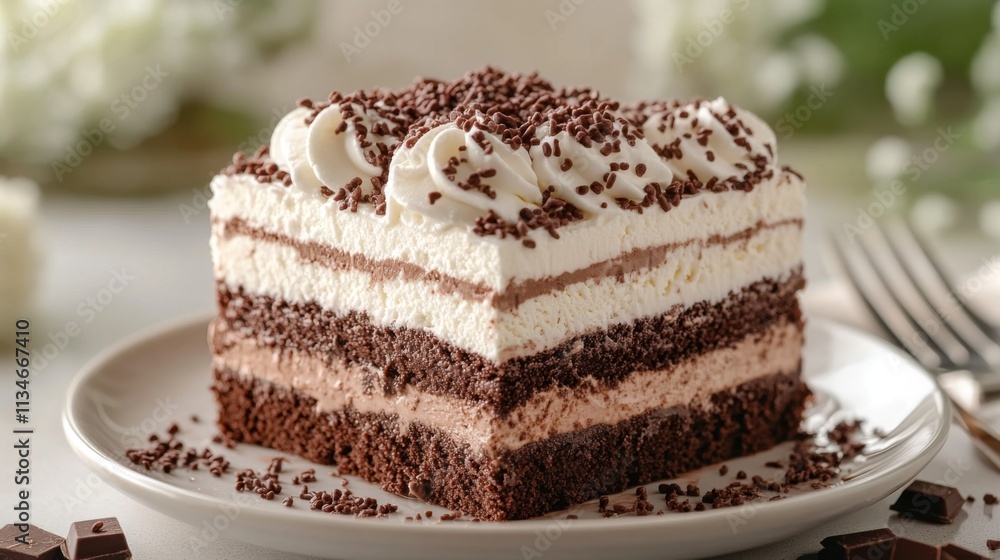 Close-up of a tiramisu dessert slice on a white plate Close-up of a tiramisu dessert slice on a white plate
