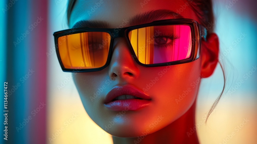 Stylish young woman in colorful lighting wearing unique sunglasses Stylish young woman in colorful lighting wearing unique sunglasses
