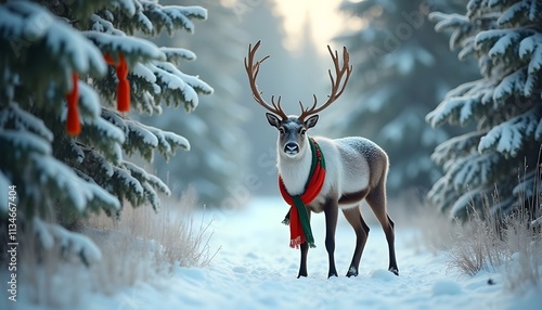 Cozy Winter Woodland Landscape with Snowfall, Lone Deer, Frosted Trees, and Festive Decorations