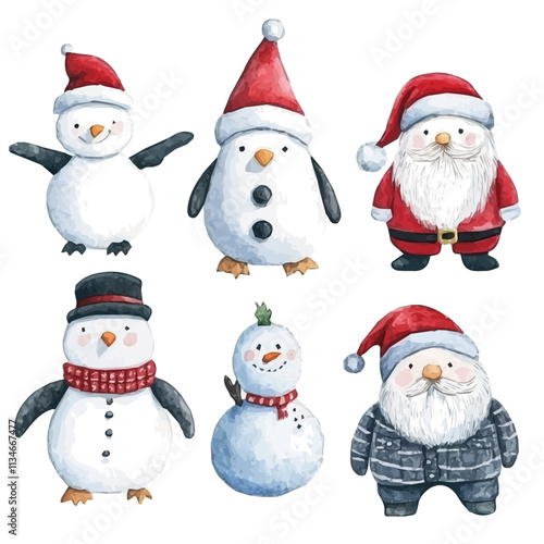 Watercolor snowman and Santa and Christmas tree – charming Christmas and New Year illustration, illustration snowman in winter, snowman set collection, vector Christmas design set collection, 