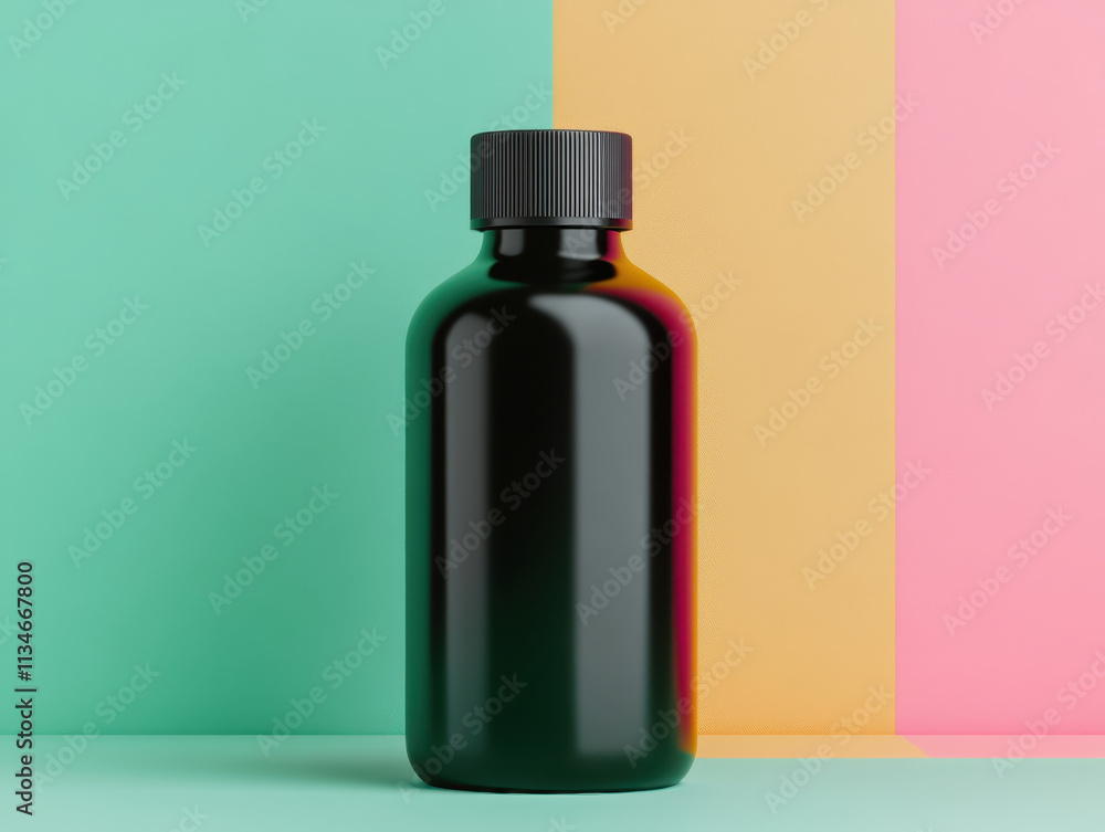 sleek black dropper bottle stands against vibrant geometric background, showcasing modern and clean aesthetic. contrasting colors enhance its elegant design, making it ideal for product display sleek black dropper bottle stands against vibrant geometric background, showcasing modern and clean aesthetic. contrasting colors enhance its elegant design, making it ideal for product display