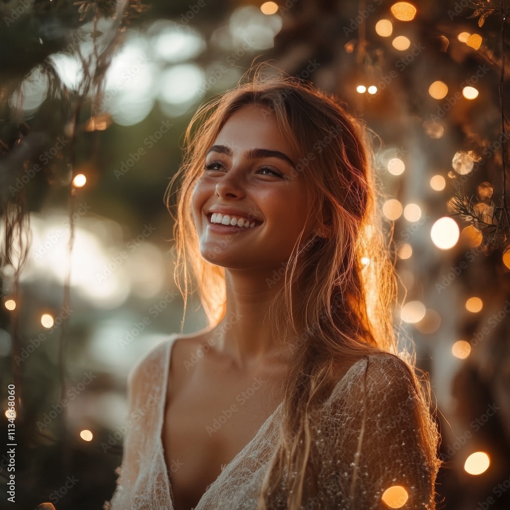 Smiling woman with warm lighting in a natural outdoor setting Smiling woman with warm lighting in a natural outdoor setting
