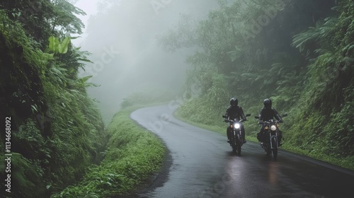 Two motorcyclists ride on a winding road through a foggy green landscape. Nature surrounds them as they journey into the mist. photo