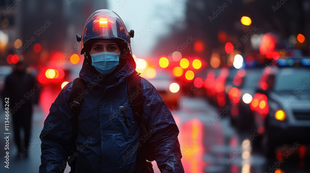 Public health crisis response with masked officer in city Public health crisis response with masked officer in city