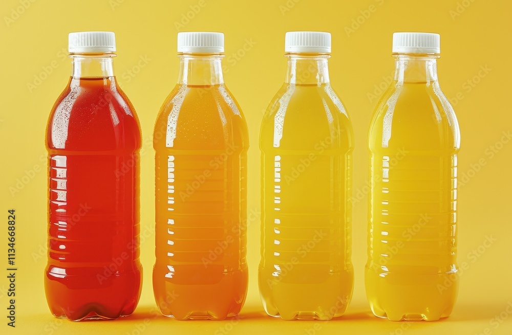 Four Bottles of Colorful Refreshing Drinks on Yellow Background Four Bottles of Colorful Refreshing Drinks on Yellow Background