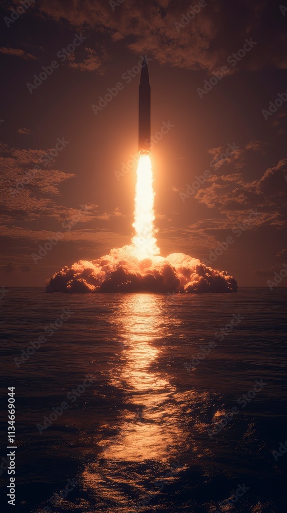 Obraz premium Missile Launch Over Ocean Sunset