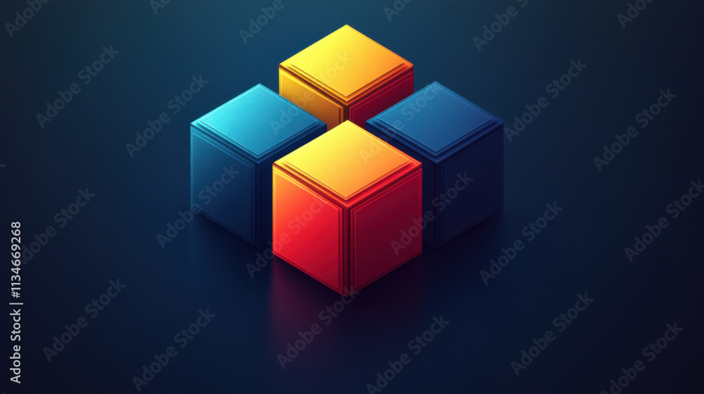 Three interconnected cubes in vibrant colors on dark background Three interconnected cubes in vibrant colors on dark background