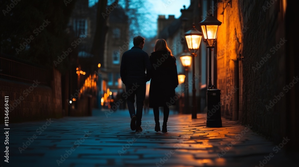 A couple walks hand in hand on a romantic street at dusk, illuminated by warm street lamps. The scene feels peaceful and enchanting. A couple walks hand in hand on a romantic street at dusk, illuminated by warm street lamps. The scene feels peaceful and enchanting.