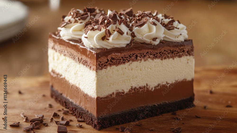 Chocolate mousse cake with cream topping on a white plate Chocolate mousse cake with cream topping on a white plate