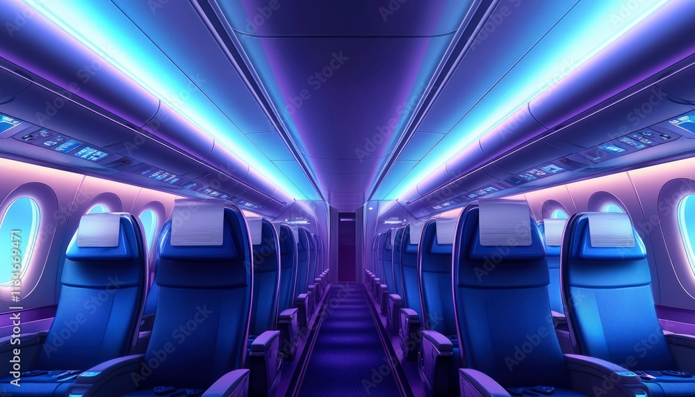 Airplane Cabin Interior With Purple Lighting And Blue Seats Airplane Cabin Interior With Purple Lighting And Blue Seats