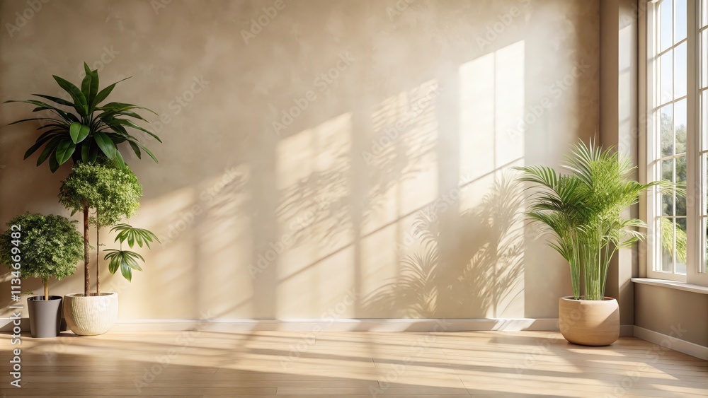 A serene living room with large windows casting dappled sunlight on the wall, creating a peaceful and inviting atmosphere A serene living room with large windows casting dappled sunlight on the wall, creating a peaceful and inviting atmosphere