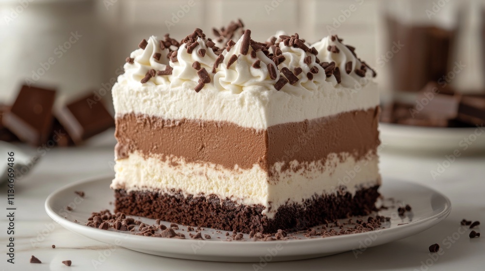 Slice of chocolate mousse cake with whipped cream on a decorative plate Slice of chocolate mousse cake with whipped cream on a decorative plate