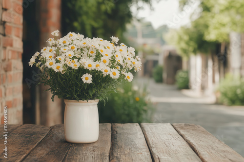 Rustic bouquet of white daisies in a ceramic vase on a wooden table outdoors with a peaceful village backdrop. photo