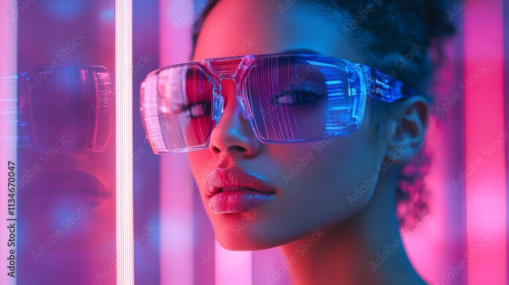 Close-up of a woman wearing transparent futuristic glasses Close-up of a woman wearing transparent futuristic glasses