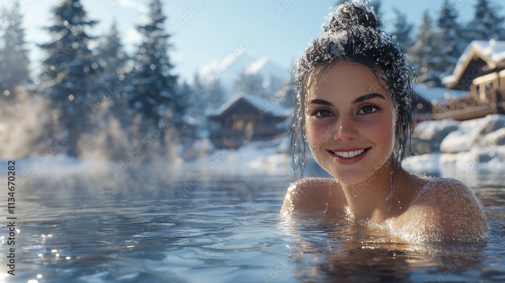 Cheerful woman enjoying a hot spring with snowy houses in view Cheerful woman enjoying a hot spring with snowy houses in view