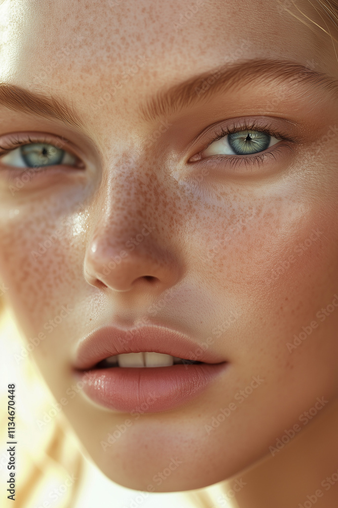 Close-up of supermodel with blonde hair, blue eyes, and glowing skin on white background Close-up of supermodel with blonde hair, blue eyes, and glowing skin on white background