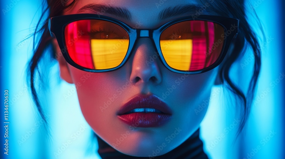 Fashion portrait of a woman in reflective red and yellow sunglasses Fashion portrait of a woman in reflective red and yellow sunglasses