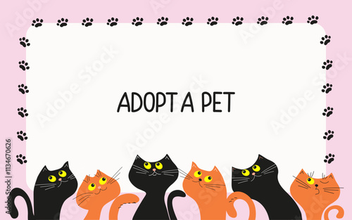Cartoon homeless kittens. Banner, frame, text. Cats in a row. Adopt homeless animals, concept. Don't buy a pet, help homeless animals find a home.