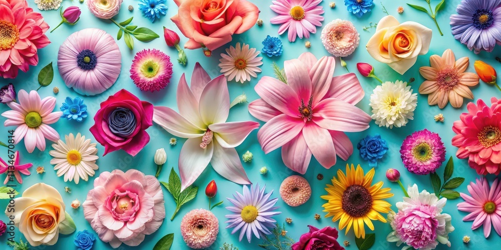A vibrant arrangement of various colorful flowers, including roses, daisies, and lilies, displayed against a bright turquoise background. A vibrant arrangement of various colorful flowers, including roses, daisies, and lilies, displayed against a bright turquoise background.