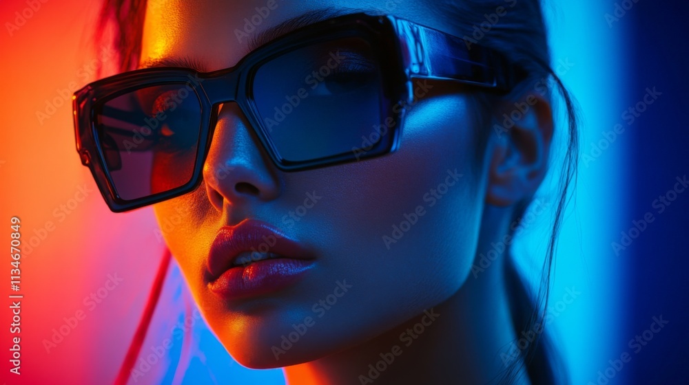 Fashionable woman in futuristic glasses with blue and red lighting Fashionable woman in futuristic glasses with blue and red lighting