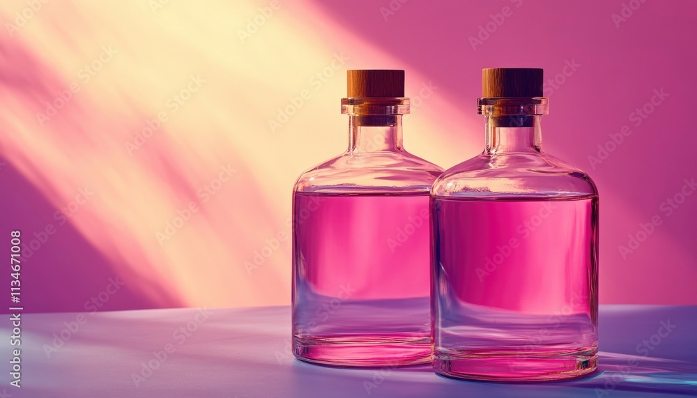 Two Glass Bottles Filled With Pink Liquid On Purple Background Two Glass Bottles Filled With Pink Liquid On Purple Background