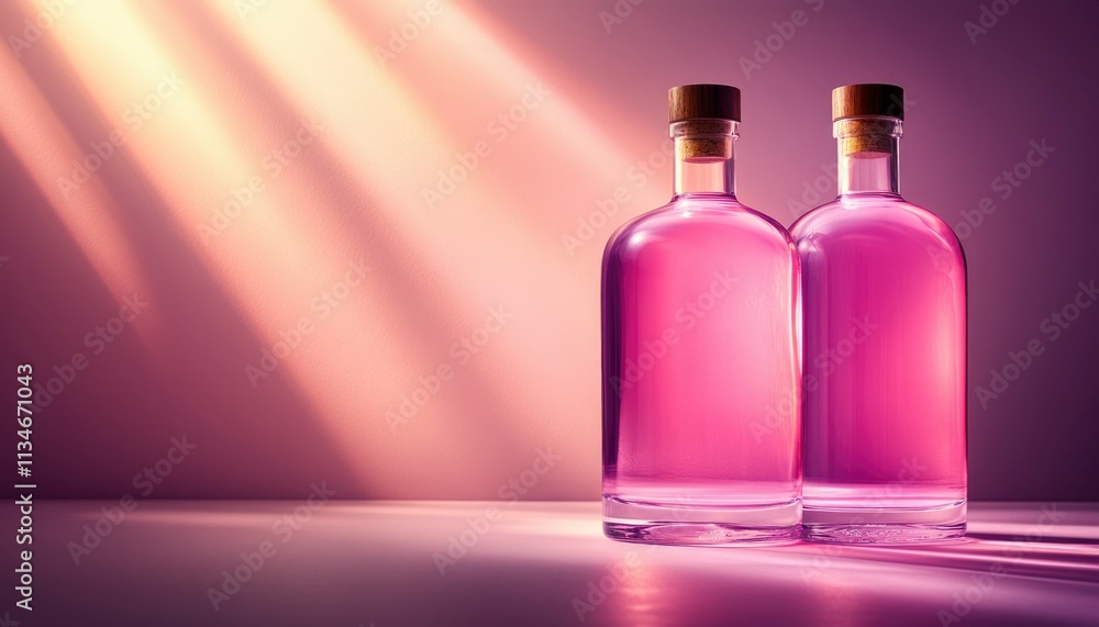 Two Pink Glass Bottles Illuminated By Soft Light Two Pink Glass Bottles Illuminated By Soft Light