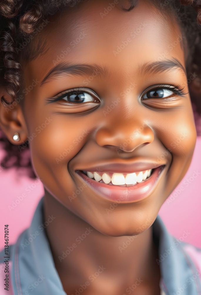 panoramic shot of smiling african american girl with clean face, isolated on pink, Diffused lighting, with white tones panoramic shot of smiling african american girl with clean face, isolated on pink, Diffused lighting, with white tones