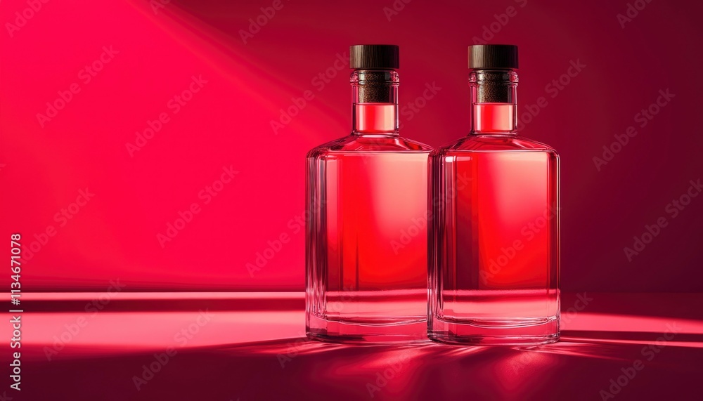 Two Red Glass Bottles on a Red Surface Two Red Glass Bottles on a Red Surface