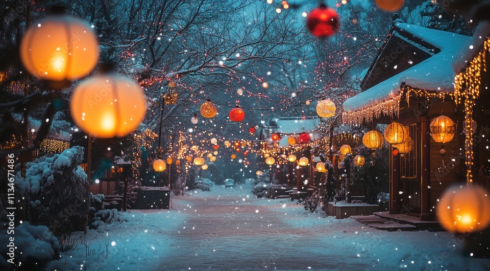 Snowy street decorated with glowing festive lanterns. Snowy street decorated with glowing festive lanterns.