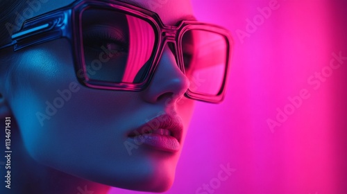 A futuristic portrait of a woman in sleek sunglasses with glowing pink lights