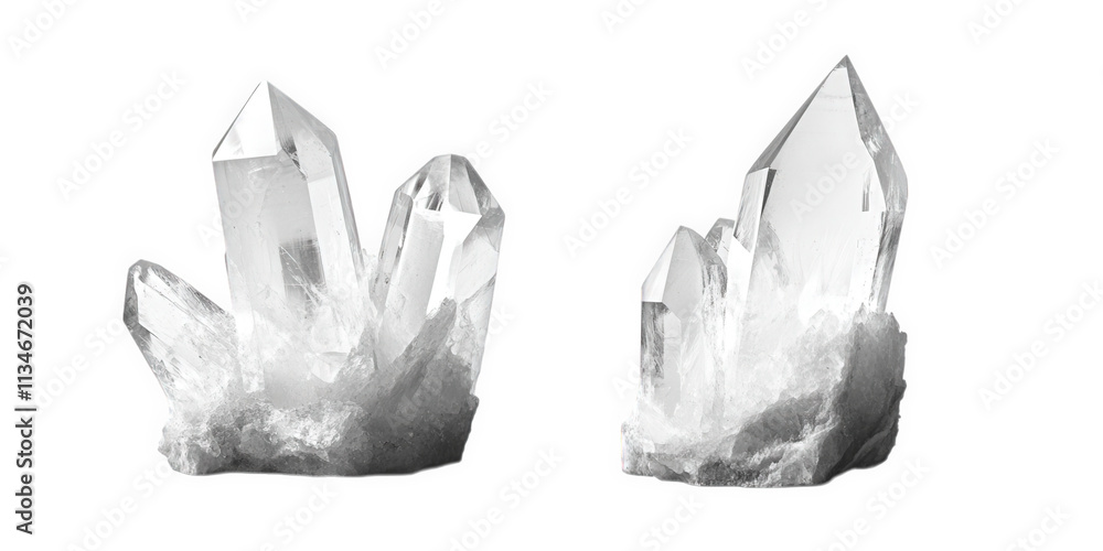 Naklejka premium Two Clear Quartz Crystal Clusters on Black Background, on transparent background , png