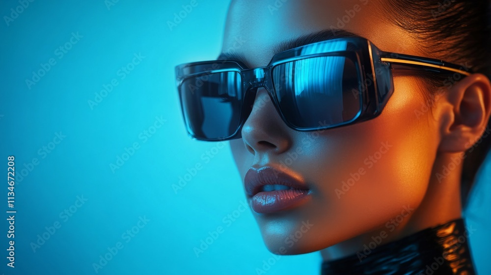 Stylish woman in futuristic blue sunglasses with glowing neon lighting Stylish woman in futuristic blue sunglasses with glowing neon lighting
