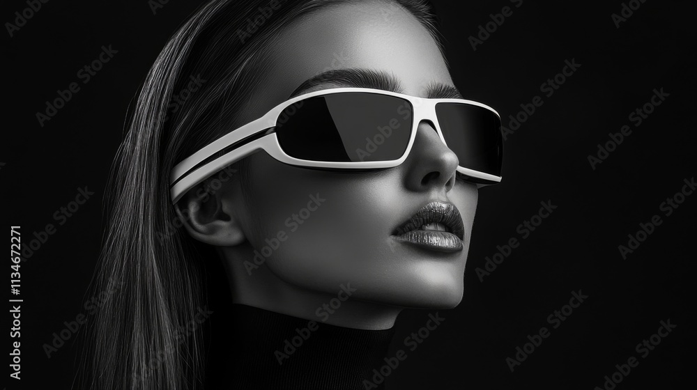 Grayscale portrait of a confident woman in futuristic sunglasses Grayscale portrait of a confident woman in futuristic sunglasses