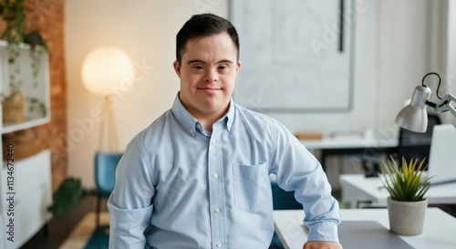 Confident young caucasian male professional in bright modern office setting