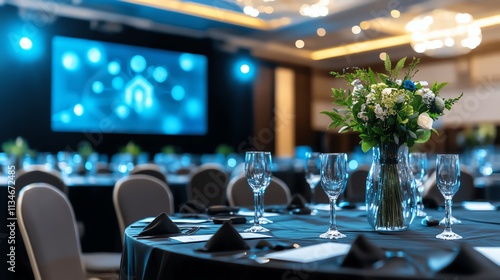 Elegant banquet hall with round tables set for a formal event. Decorative centerpiece and sparkling glasses create a sophisticated atmosphere ready for a memorable occasion.